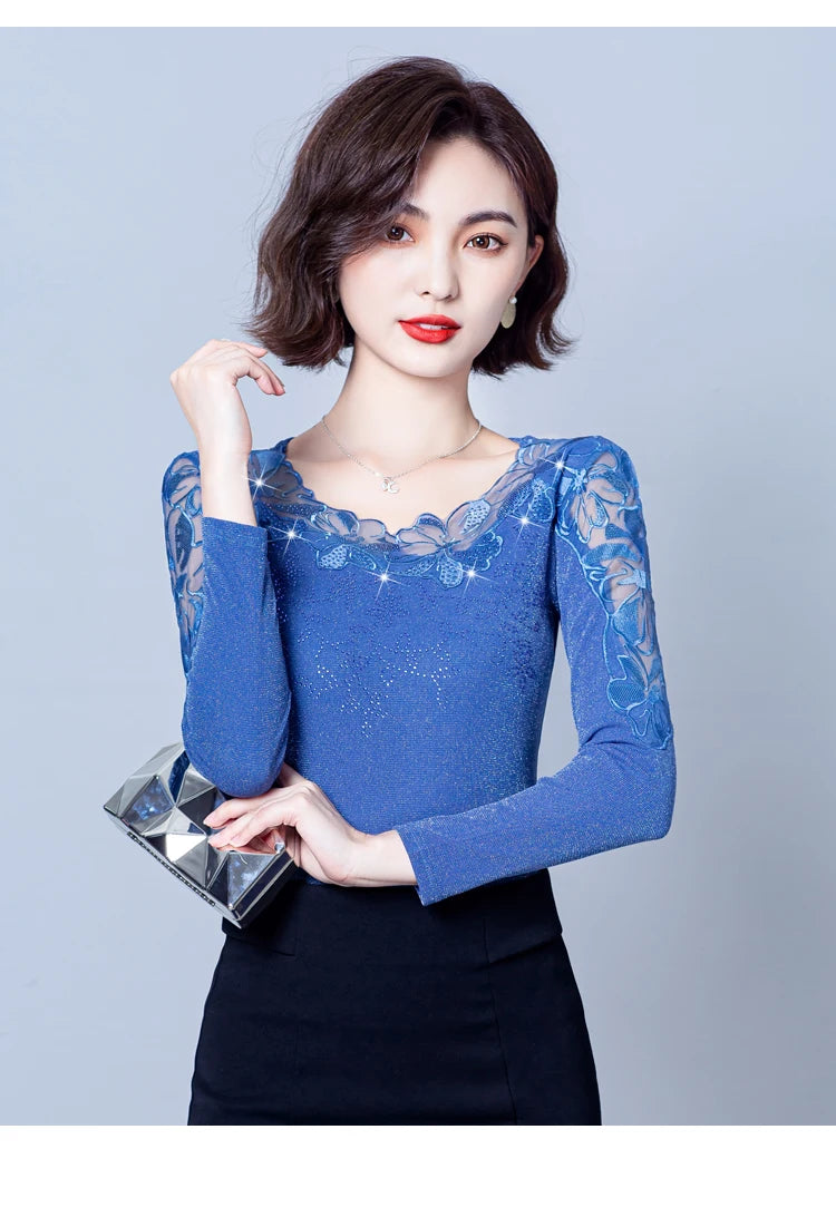 Spring Autumn Long Sleeve Mesh Shirt Round Neck Patchwork Women Lace Tops Korean Fashion Diamond T Shirt