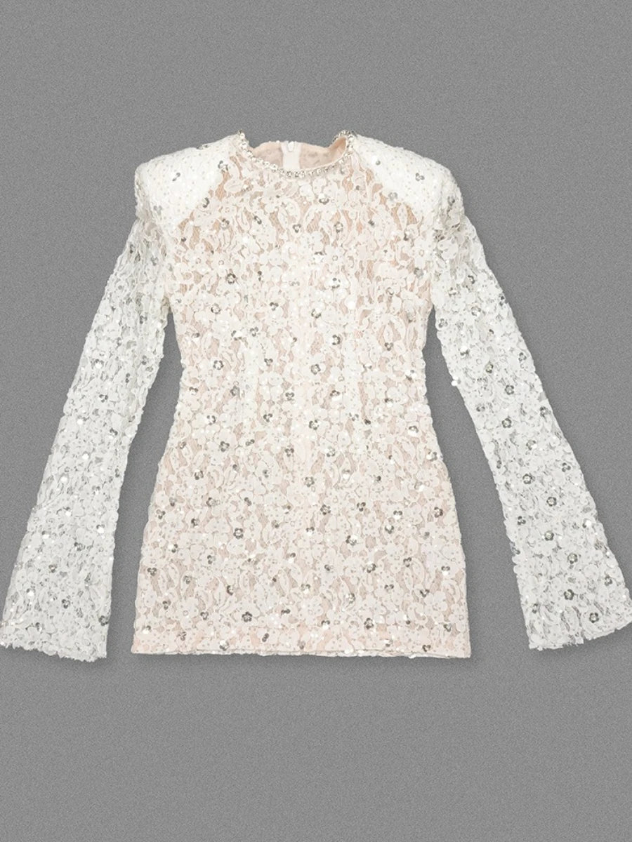 TWOTWINSTYLE Slimming Sheer Spliced Lace Temperament Dresses for Women O Neck Long Sleeves Patchwork Sequins Dress Female New