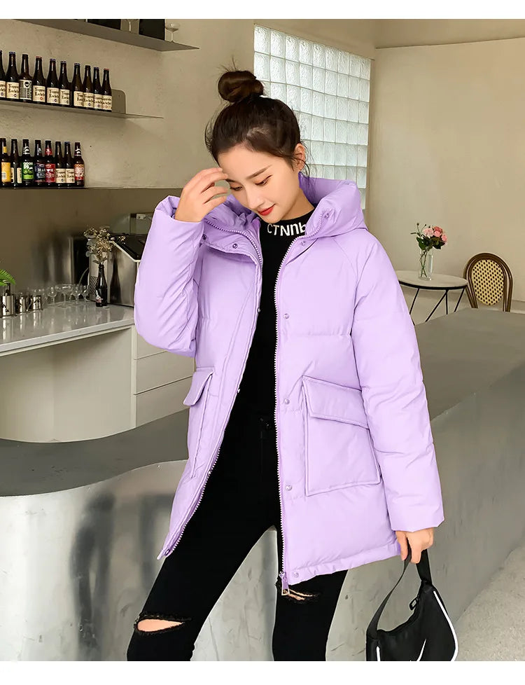Clothing Women Cotton-Padded Jacket 2025 New Casual Elegant Loose Solid Color Warm Hooded Winter Warm Women Cotton Jacket H537