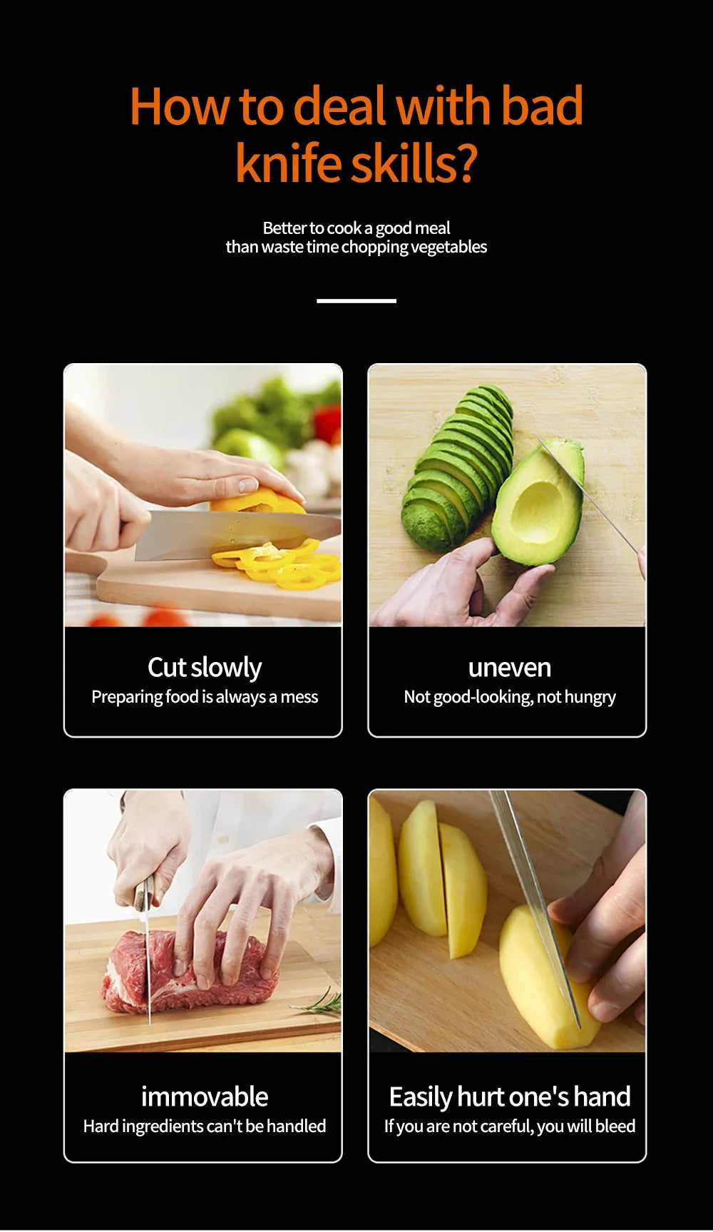 Infographic showing common kitchen knife problems: slow cutting, uneven slicing, difficulty cutting meat, risk of hand injury.