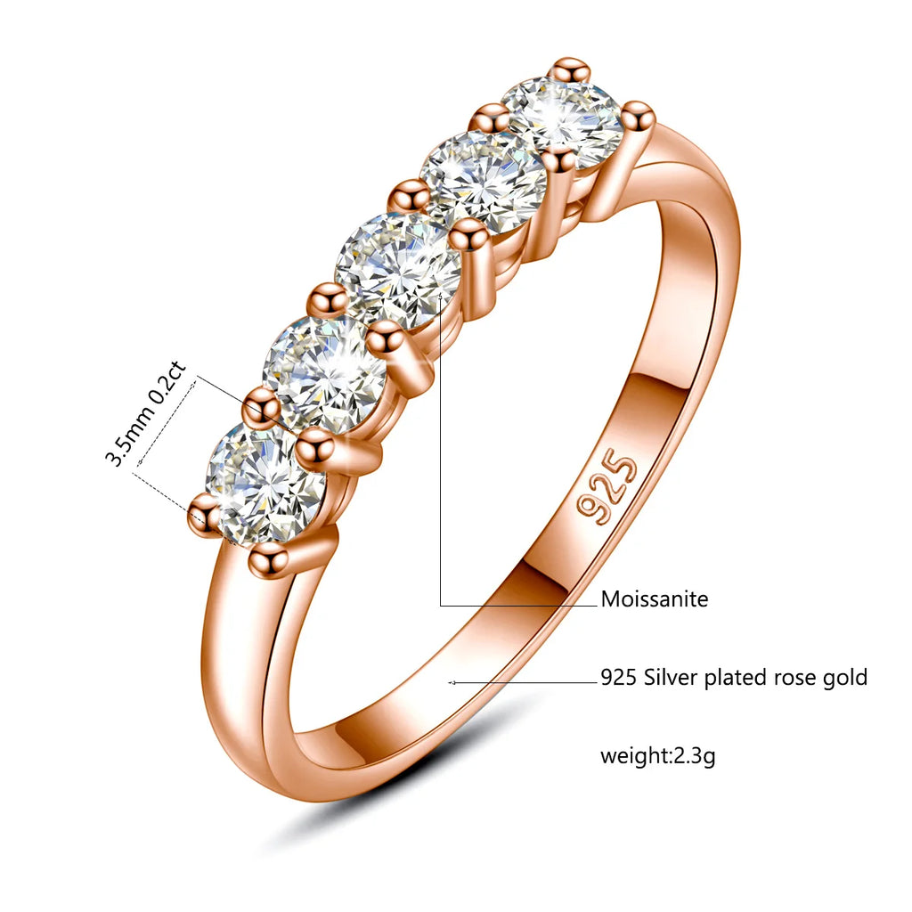 5pcs Stones Moissanite Diamond Ring for Woman Silver 925 100% Rose Gold Plated Fine Jewelry with Certified Engagement Gifts