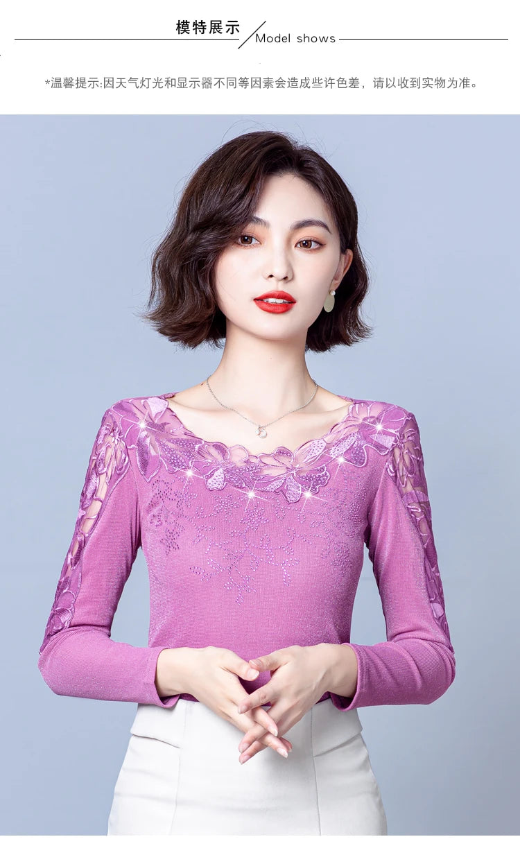 Spring Autumn Long Sleeve Mesh Shirt Round Neck Patchwork Women Lace Tops Korean Fashion Diamond T Shirt