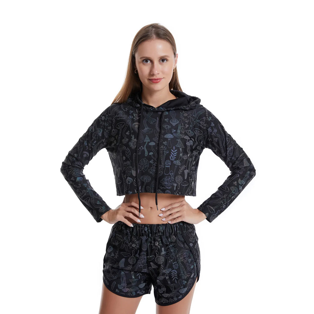 Spring Autumn Women Colorful Reflective Pullover Hoodies Y2K Harajuku Mushroom Printed Long Sleeve Crop Tops sudadera кофта