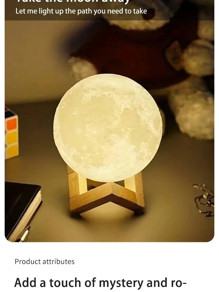Lunar LED Night Light, Dimmable Bedroom Lamp, USB Powered Ambient Lighting for Desk, Camping, Gift, 3 Color Changing Mood Lamp
