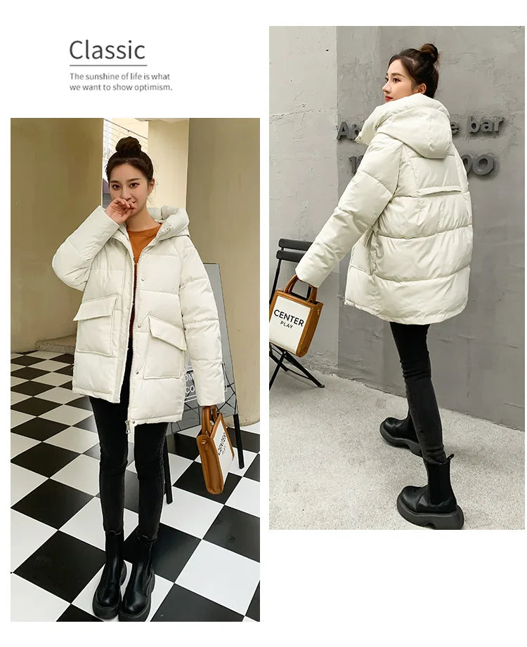 Clothing Women Cotton-Padded Jacket 2025 New Casual Elegant Loose Solid Color Warm Hooded Winter Warm Women Cotton Jacket H537
