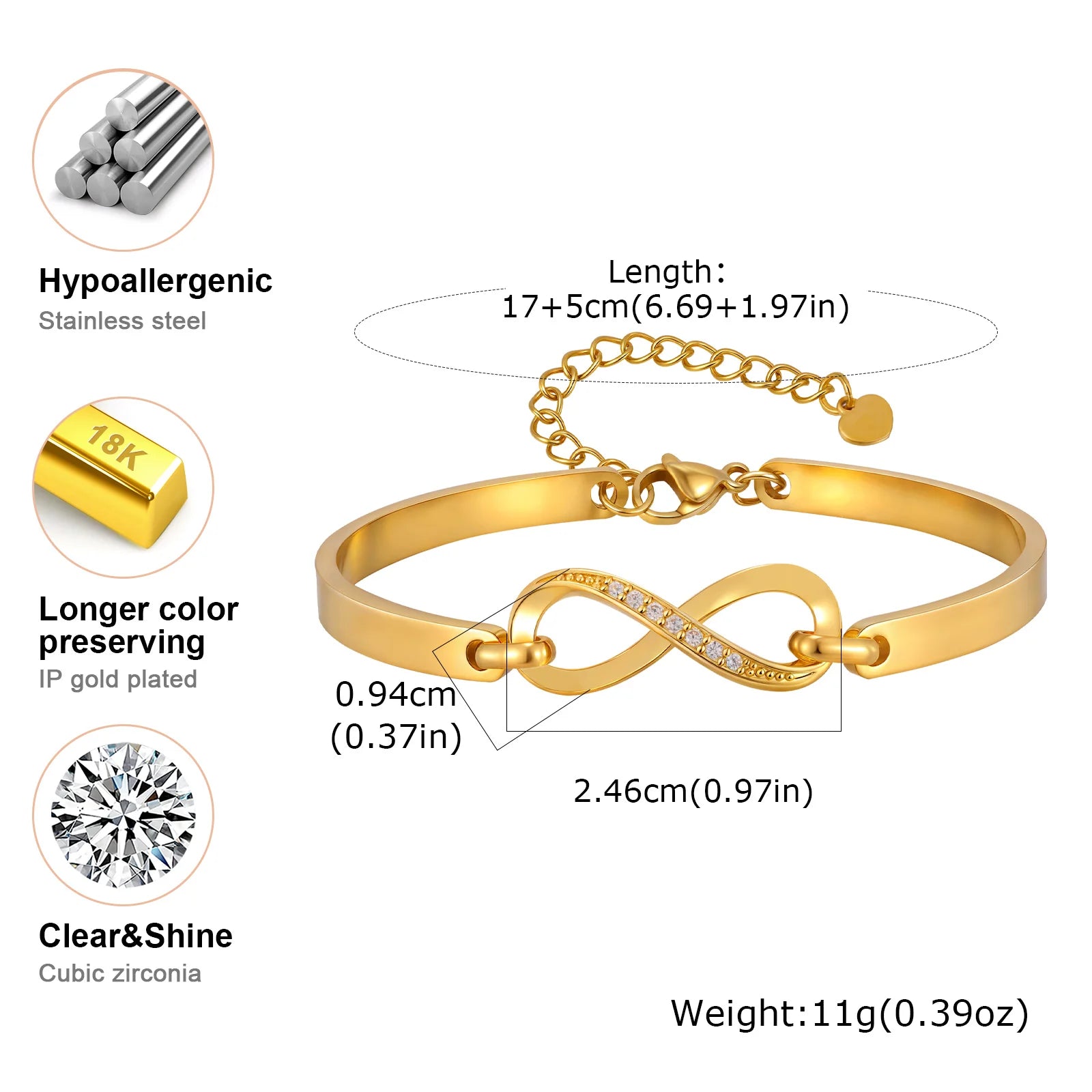 Infinite Symbol Link Bracelet for Women, Stainless Steel Zircon Bangle, Statement Jewelry Valentine's Day Gifts