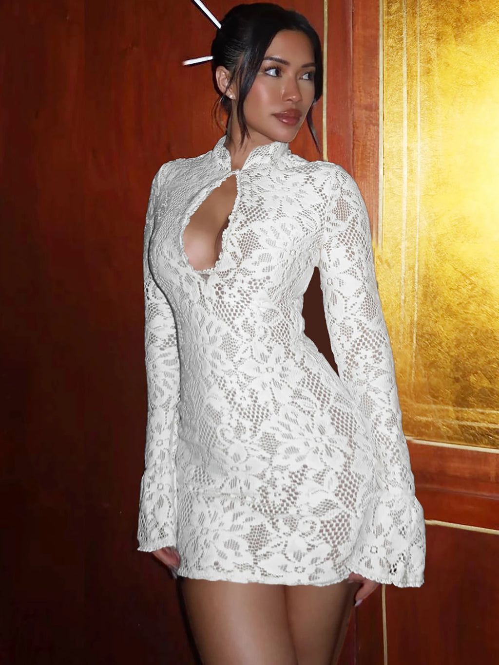 Dulzura Lace Hollow Out Long Flare Sleeves Bodycon Mini Dress Women’S Sexy Elegant Outfit Party Clubwear Winter Clothes