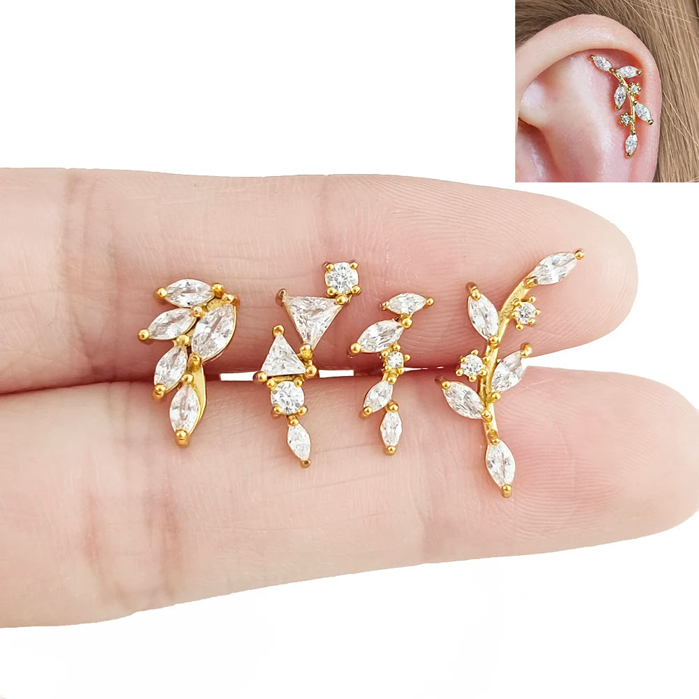 Leaf Helix Piercing Jewelry Forward Helix CZ Earring 100% 316L Stainlesss Steel Internally Threaded Tragus Stud