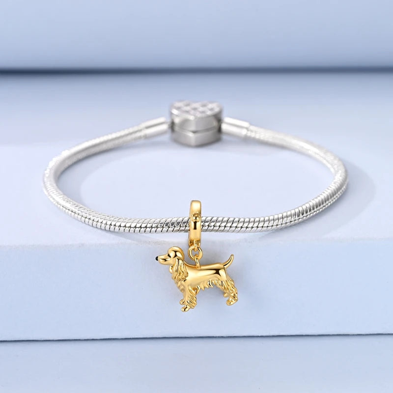 925 Sterling Silver Golden 3D Cocker Spaniel Dog Charm Fit Bracelet 2026 New Year Gifts Fashion Animal Jewelry for Women Girls