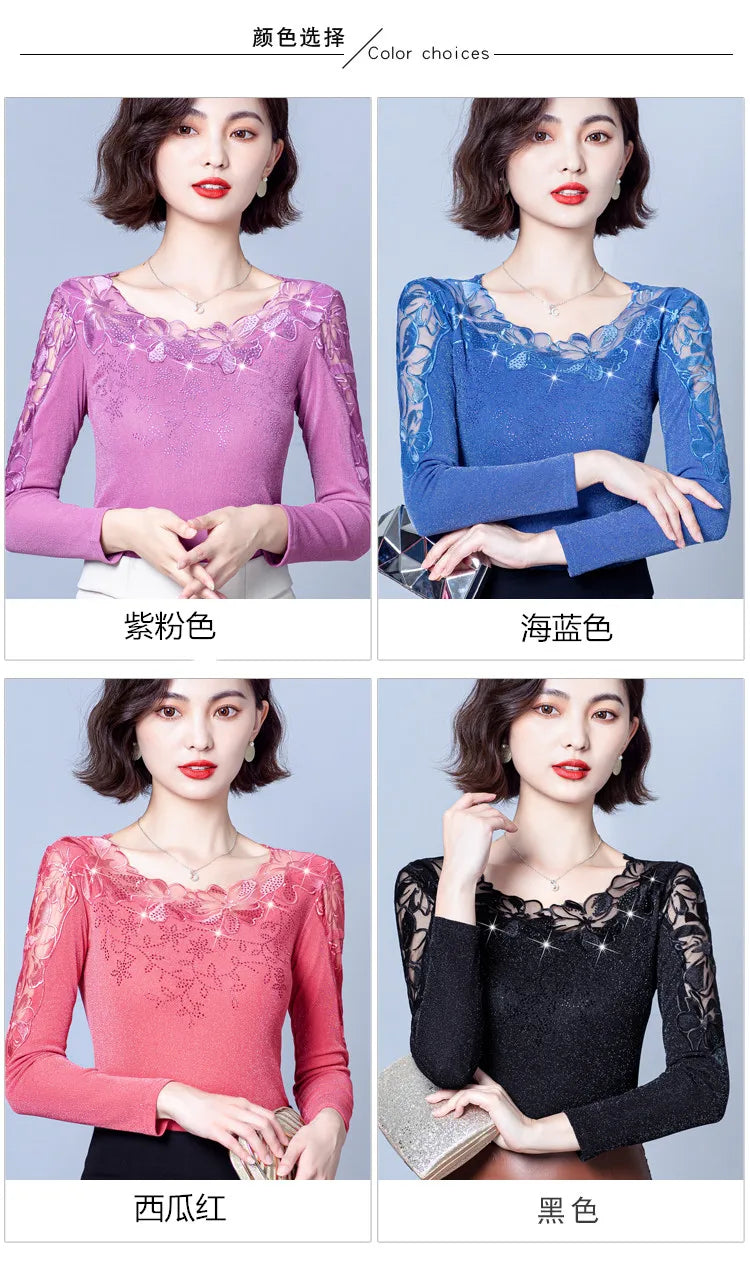 Spring Autumn Long Sleeve Mesh Shirt Round Neck Patchwork Women Lace Tops Korean Fashion Diamond T Shirt
