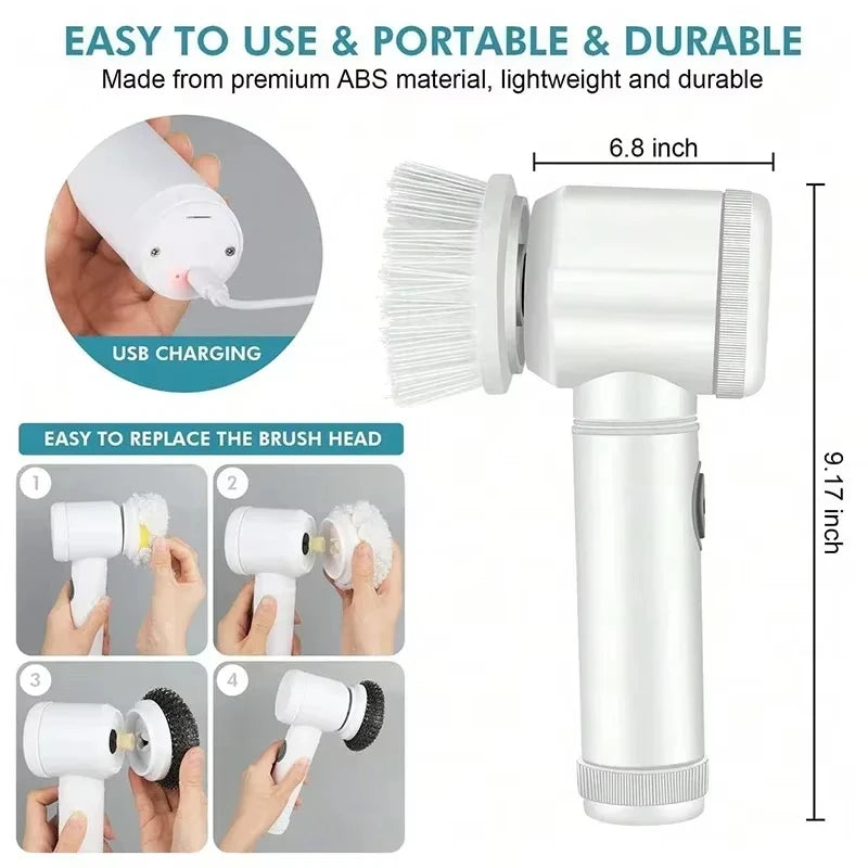 Electric Spin Scrubber Bathroom Cleaning Brush with 5 Brush Heads 5 in 1 Cleaning Brush Kitchen Dishwashing Brush Gadgets