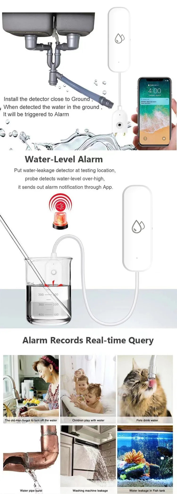 WiFi/Zigbee Water Leak Sensor Tuya Smart Life APP Flood Leak Detector Water Alert Overflow Alarm Home Security System Leakage