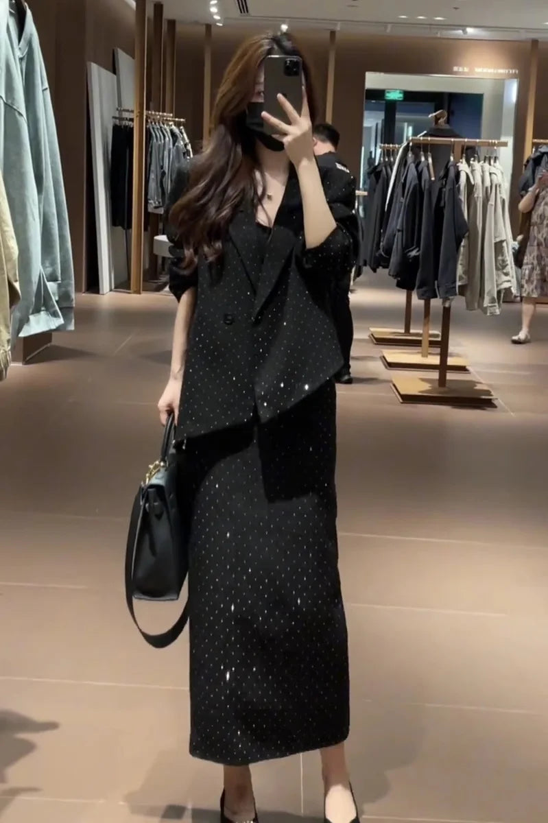 Spring Faion Diamond Embedded Suit Women's Sli f-length Skirt Quali Small Fraance Sle Two-piece Set