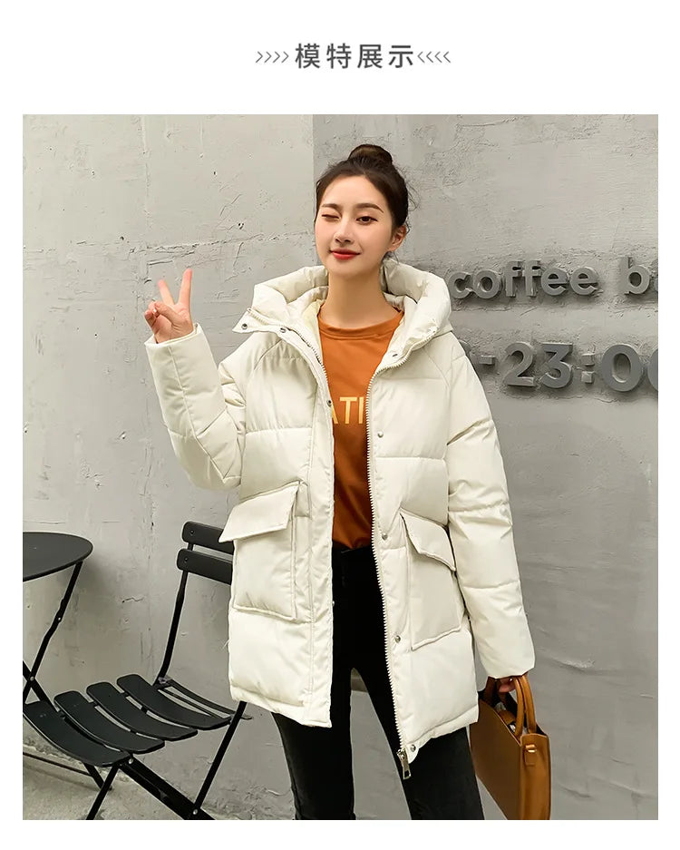 Clothing Women Cotton-Padded Jacket 2025 New Casual Elegant Loose Solid Color Warm Hooded Winter Warm Women Cotton Jacket H537
