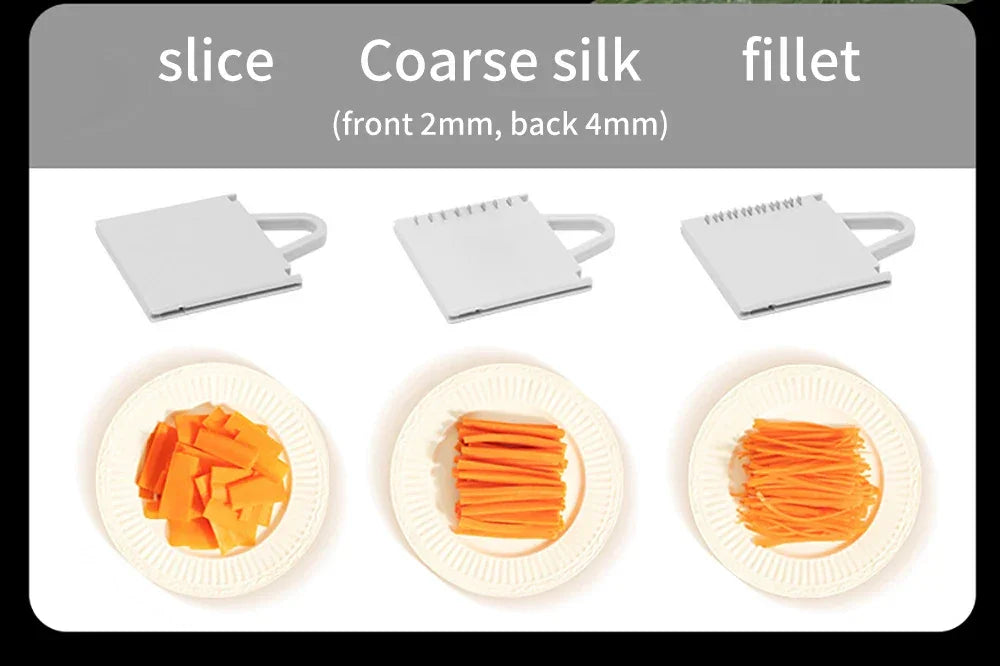 Vegetable slicer blades with three cutting options: slice, coarse silk, and fillet, shown with cut carrots on plates.