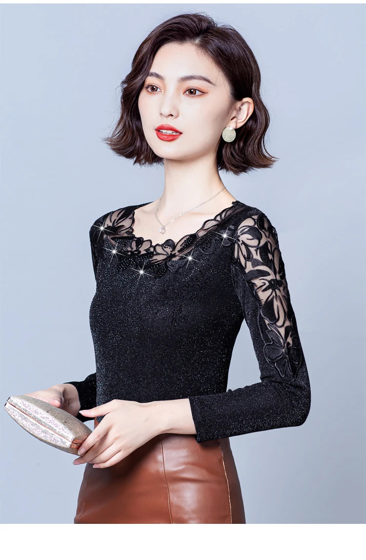 Spring Autumn Long Sleeve Mesh Shirt Round Neck Patchwork Women Lace Tops Korean Fashion Diamond T Shirt