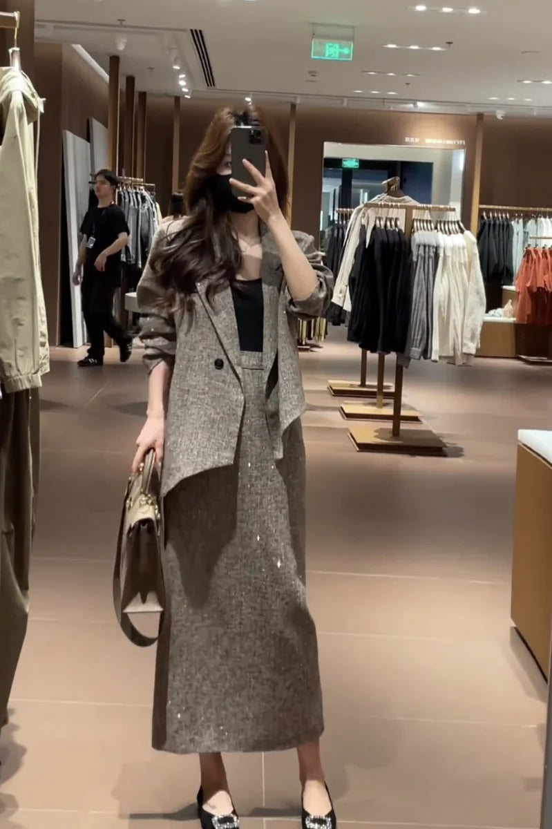 Spring Faion Diamond Embedded Suit Women's Sli f-length Skirt Quali Small Fraance Sle Two-piece Set
