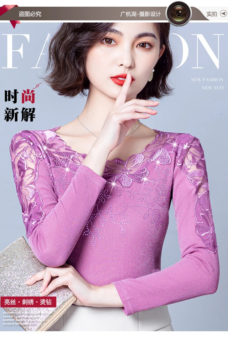 Spring Autumn Long Sleeve Mesh Shirt Round Neck Patchwork Women Lace Tops Korean Fashion Diamond T Shirt
