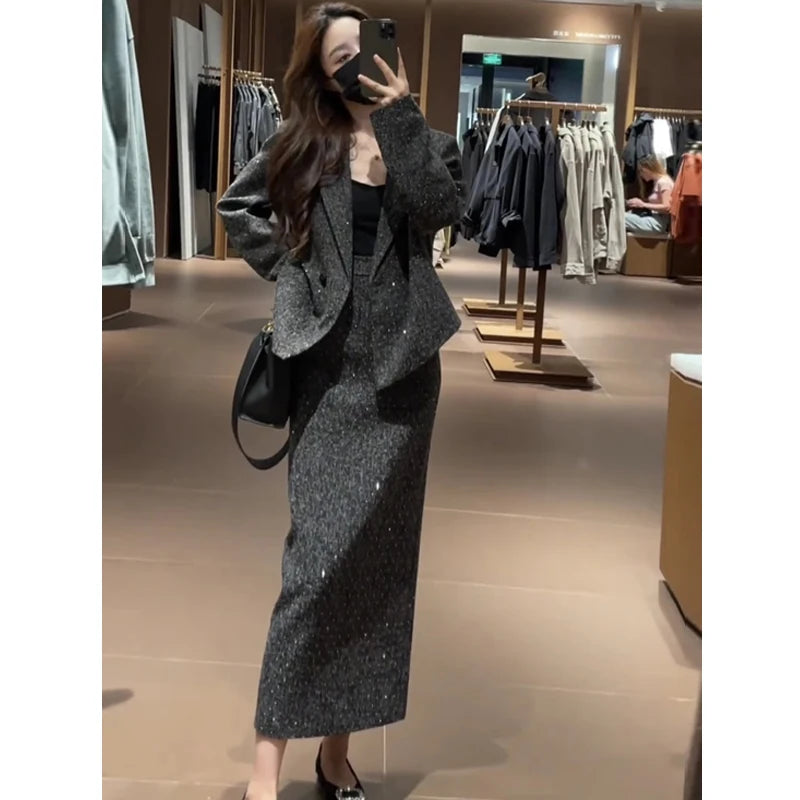 Spring Faion Diamond Embedded Suit Women's Sli f-length Skirt Quali Small Fraance Sle Two-piece Set