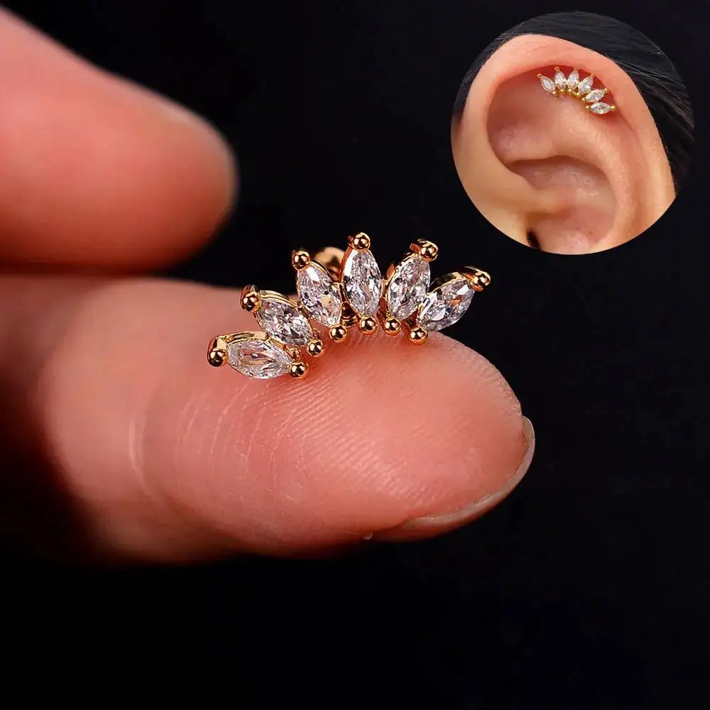 1PC New Curved Cz Cartilage Stud Moon Leaf  Helix Rook Conch Screw Back Earring Stainless Steel Bar Ear Piercing Jewelry