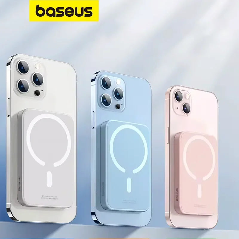 Magnetic wireless power banks attached to white, blue, and pink smartphones, Baseus logo above