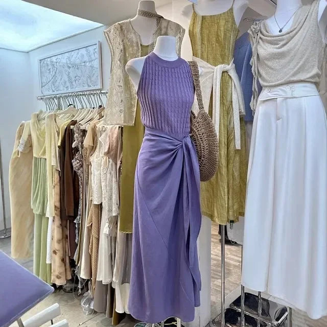 Women's Clothing Two Piece Sets Knitting Tunic Sleeveless Vest High Waist Bandage Skirt Suit Roupas Femme Fashion Korean Outfits