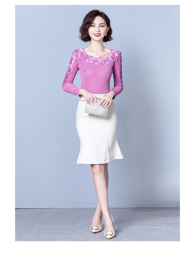 Spring Autumn Long Sleeve Mesh Shirt Round Neck Patchwork Women Lace Tops Korean Fashion Diamond T Shirt