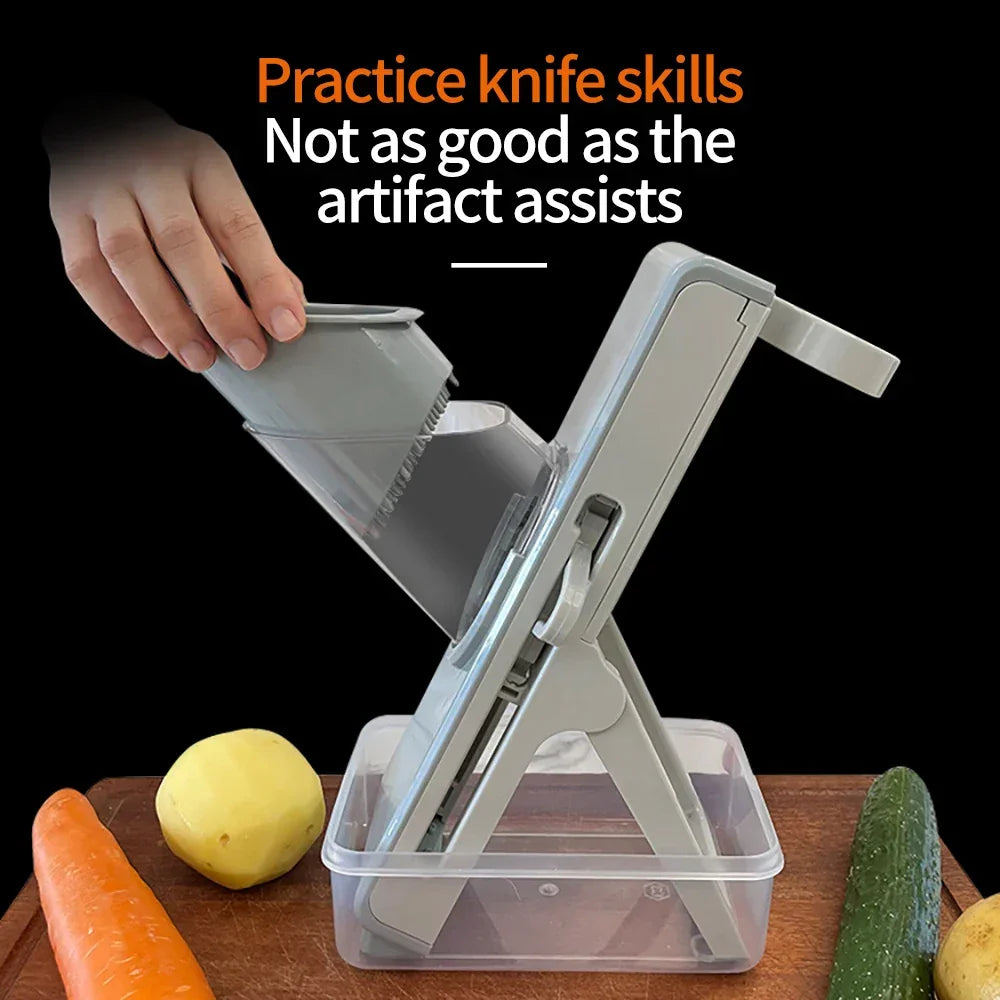 Hand using adjustable kitchen mandoline slicer on cutting board with vegetables