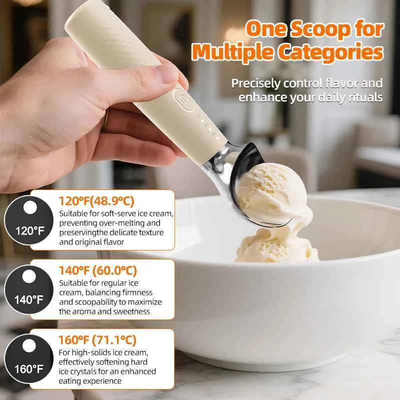 Heated Ice Cream Scoop Spoon, 3 Temperature Settings 120°F/140°F/160°F, 2600mAh Rechargeable, IPX6 Waterproof, Easy Scooping