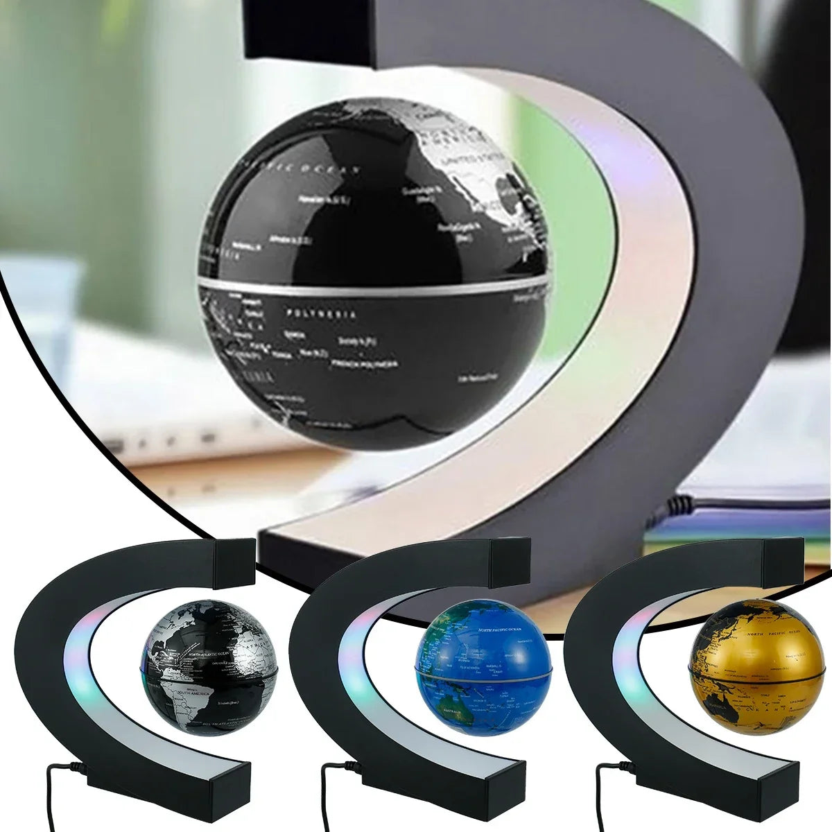 3D Magnetic Floating Earth Lamp, LED Rotating Globe Levitation Light O/C Shape Bedside Night Light Unique Gift Idea