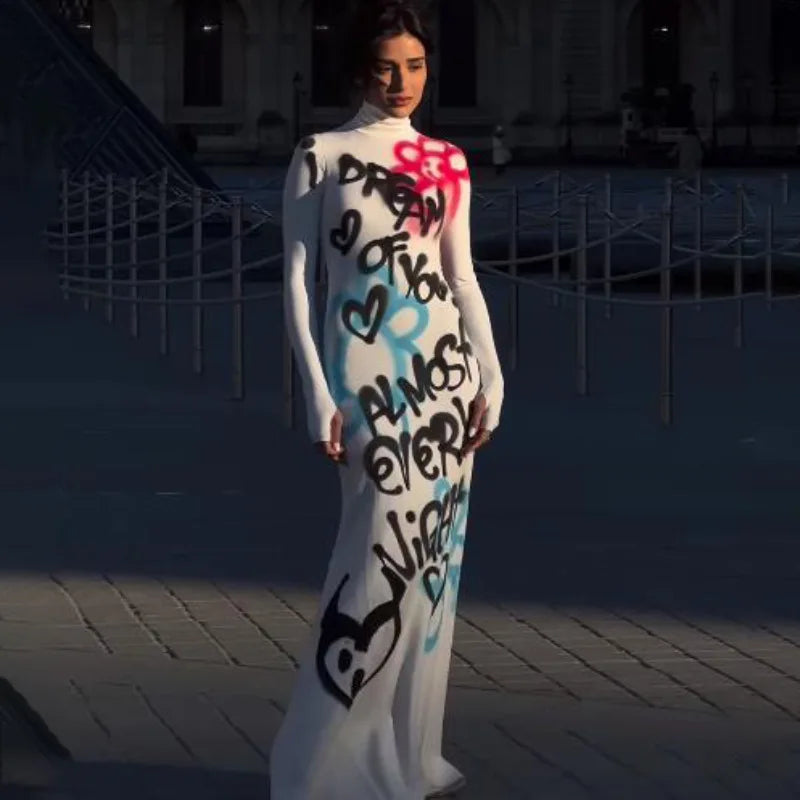 Women's Clothing 2025 New Fashion Fashionable High-neck Color-blocked Graffiti Long-sleeved Hip-hugging Close-fitting Long Dress