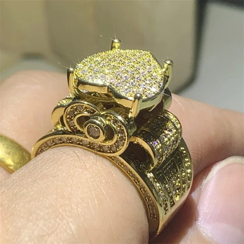 Brand Sparkling Luxury Jewelry Yellow Gold Color 18K Gold Fill Pave White 5A Zircon Party Eternity Women Wedding Ring