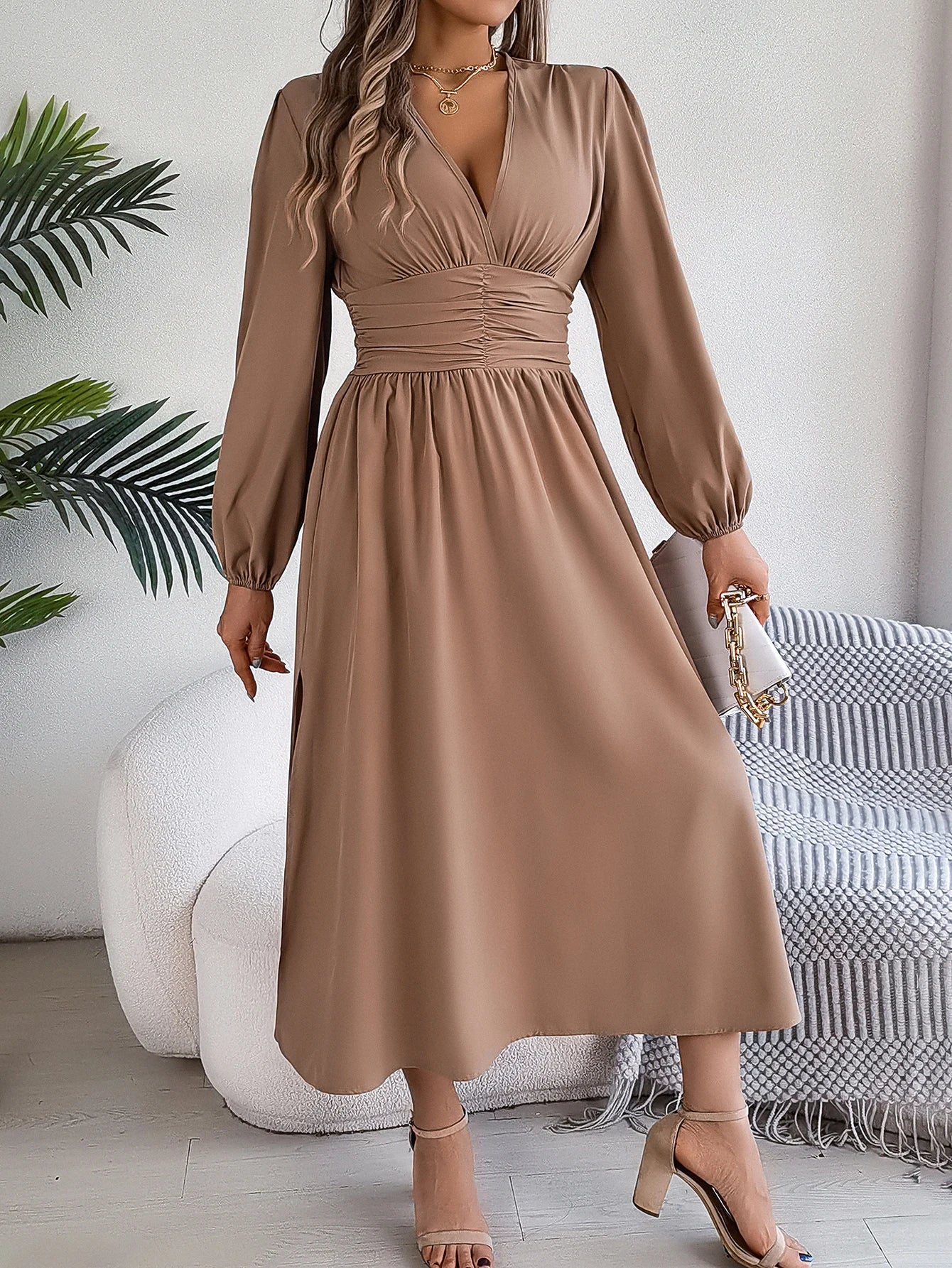 Spring Summer Vacation High Split V-Neck Long Sleeve Dresses for Women Bridesmaid Dress