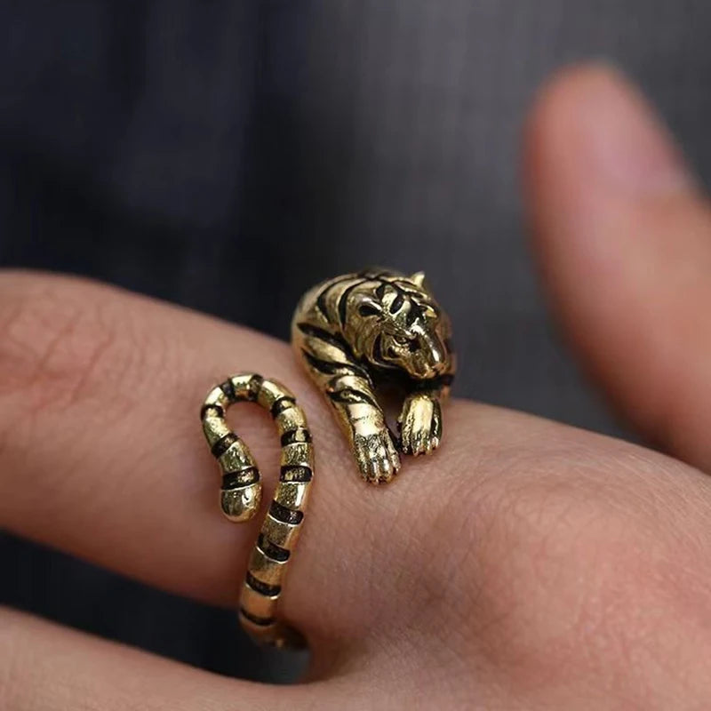 1Pcs Fierce Tiger Adjustable Opening Ring Men and Women Vintage Punk Ancient Gold Ancient Silver color Animal Jewelry Gift