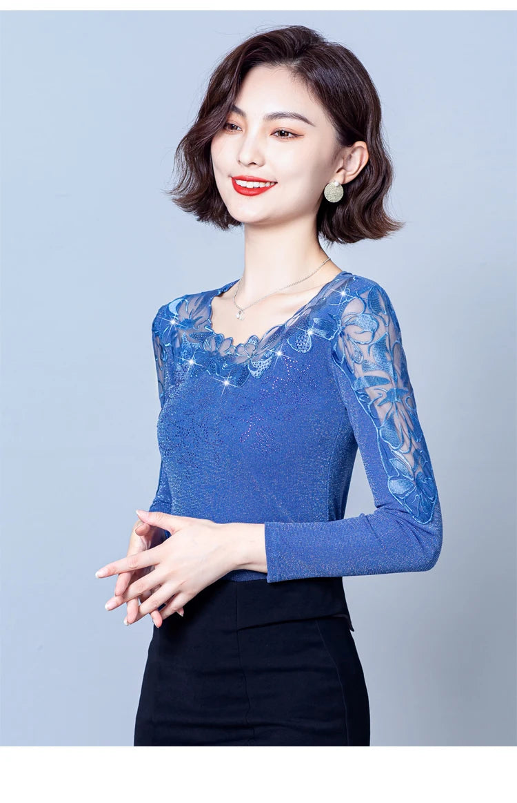 Spring Autumn Long Sleeve Mesh Shirt Round Neck Patchwork Women Lace Tops Korean Fashion Diamond T Shirt