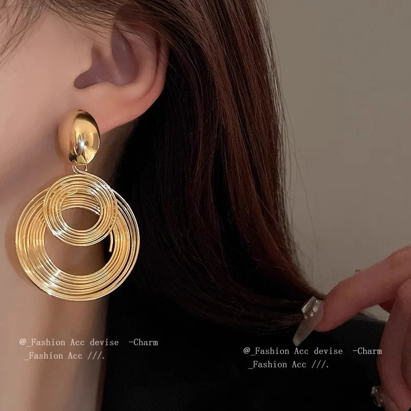 Two-layers Circles Women's Hanging Earrings Gold Color Silver Color Metal Spiral Pendants Dangle Earrings For Female European