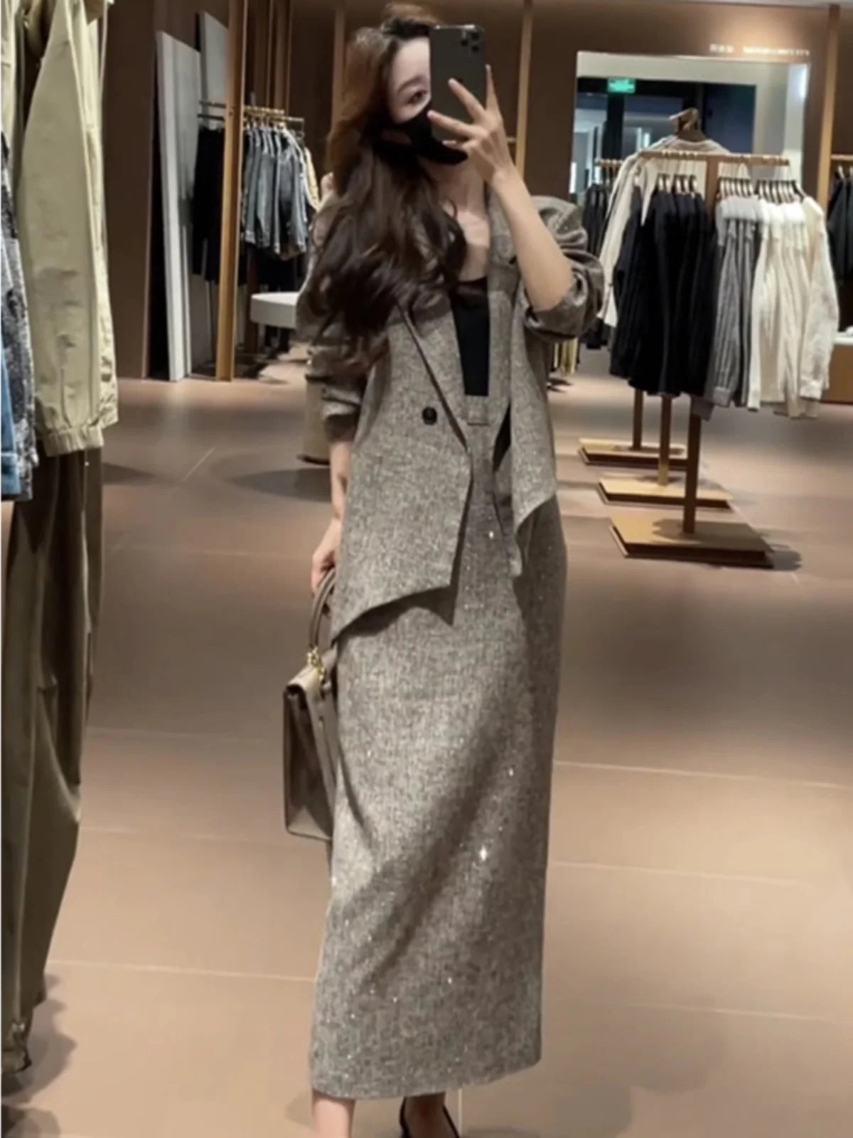 Spring Faion Diamond Embedded Suit Women's Sli f-length Skirt Quali Small Fraance Sle Two-piece Set