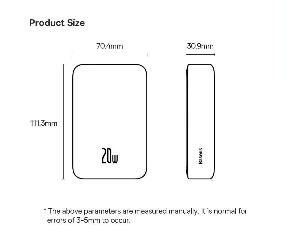 Rectangular 20W power bank dimensions: 111.3mm x 70.4mm x 30.9mm, minimalist diagram