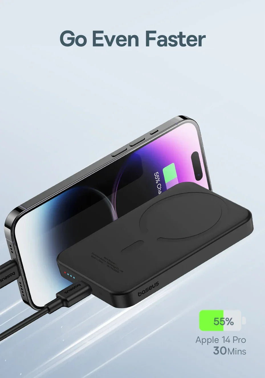 Fast charging power bank charging an Apple iPhone 14 Pro to 55 percent in 30 minutes.