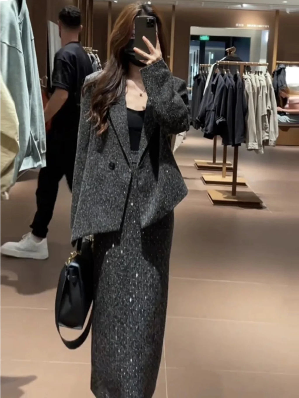Spring Faion Diamond Embedded Suit Women's Sli f-length Skirt Quali Small Fraance Sle Two-piece Set