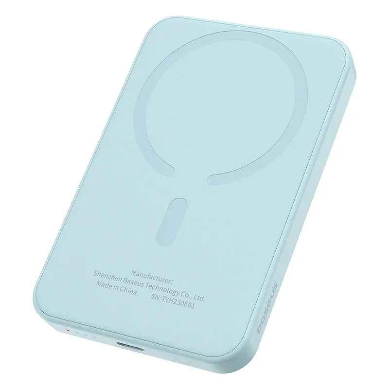 Light blue MagSafe-compatible wireless power bank with circular charging outline