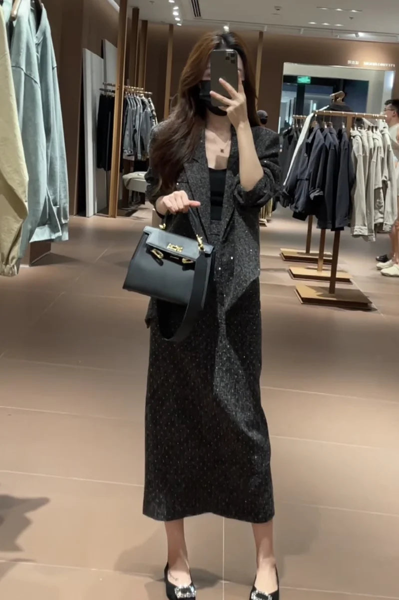 Spring Faion Diamond Embedded Suit Women's Sli f-length Skirt Quali Small Fraance Sle Two-piece Set