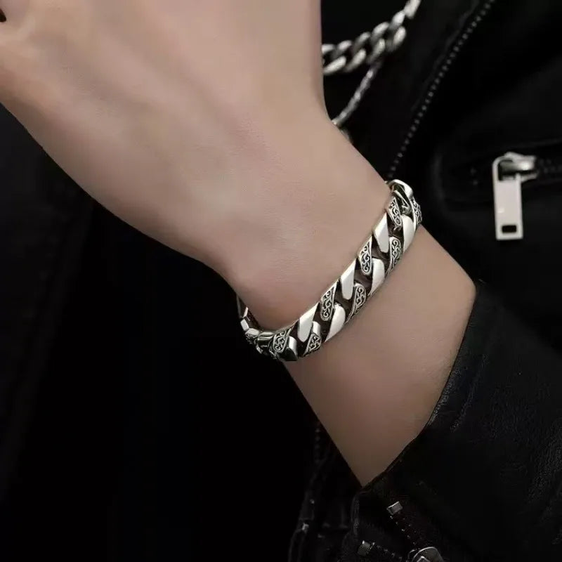 Punk Tang Grass Pattern Cuban Chain Bracelet for Men Thick Retro Punk Style Unisex Jewelry Gift Hip Hop Bracelet