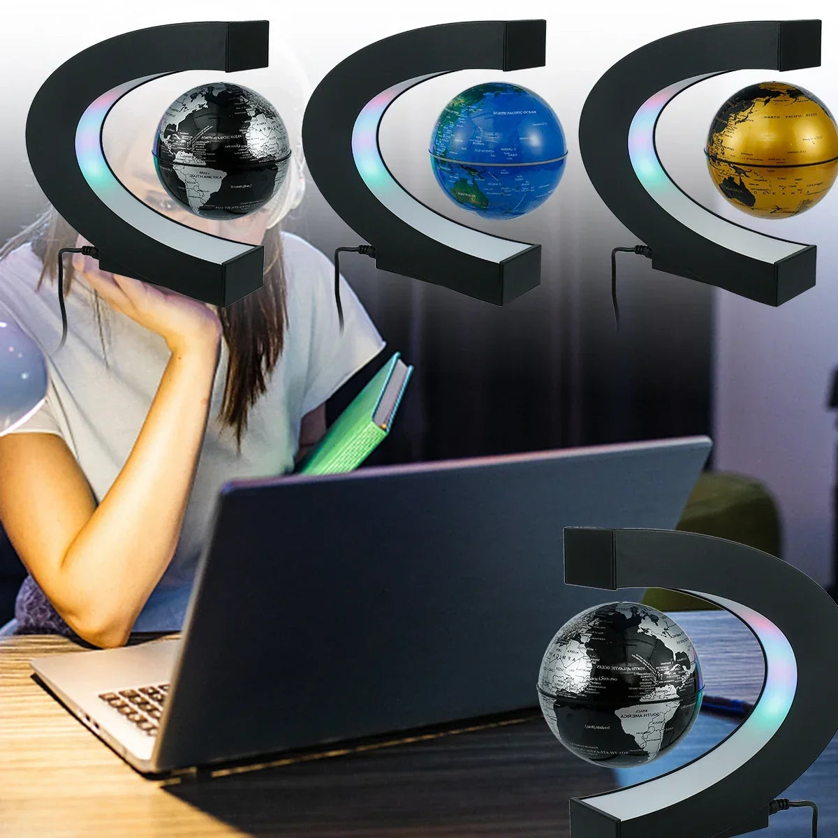 3D Magnetic Floating Earth Lamp, LED Rotating Globe Levitation Light O/C Shape Bedside Night Light Unique Gift Idea