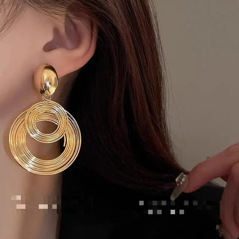 Two-layers Circles Women's Hanging Earrings Gold Color Silver Color Metal Spiral Pendants Dangle Earrings For Female European