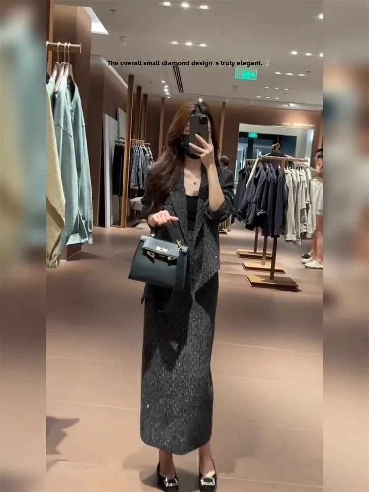 Spring Faion Diamond Embedded Suit Women's Sli f-length Skirt Quali Small Fraance Sle Two-piece Set