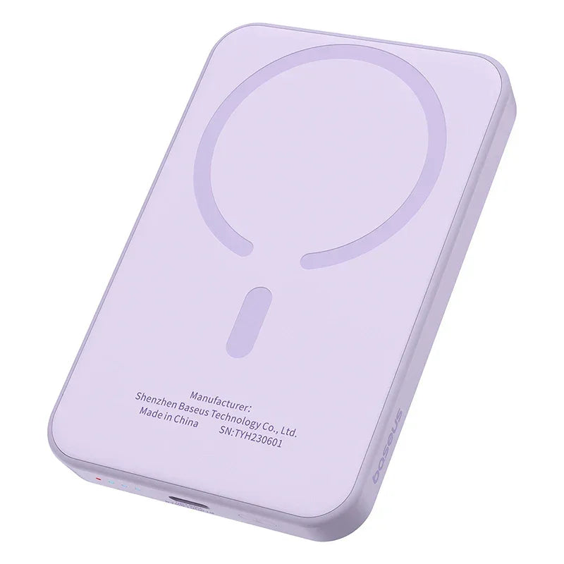 Purple wireless MagSafe power bank with rounded edges and minimalist design