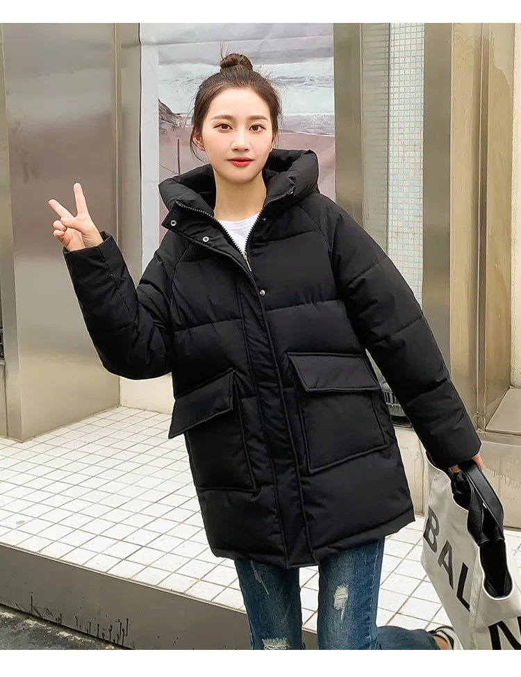 Clothing Women Cotton-Padded Jacket 2025 New Casual Elegant Loose Solid Color Warm Hooded Winter Warm Women Cotton Jacket H537