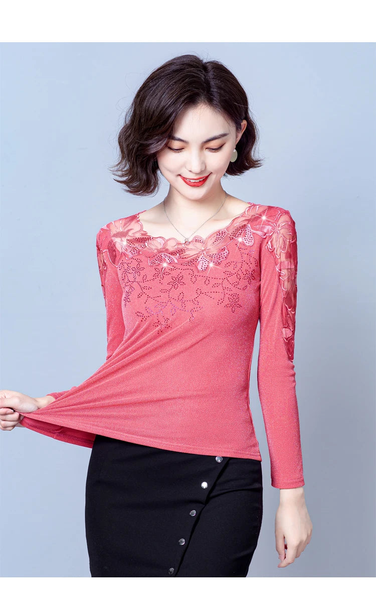 Spring Autumn Long Sleeve Mesh Shirt Round Neck Patchwork Women Lace Tops Korean Fashion Diamond T Shirt