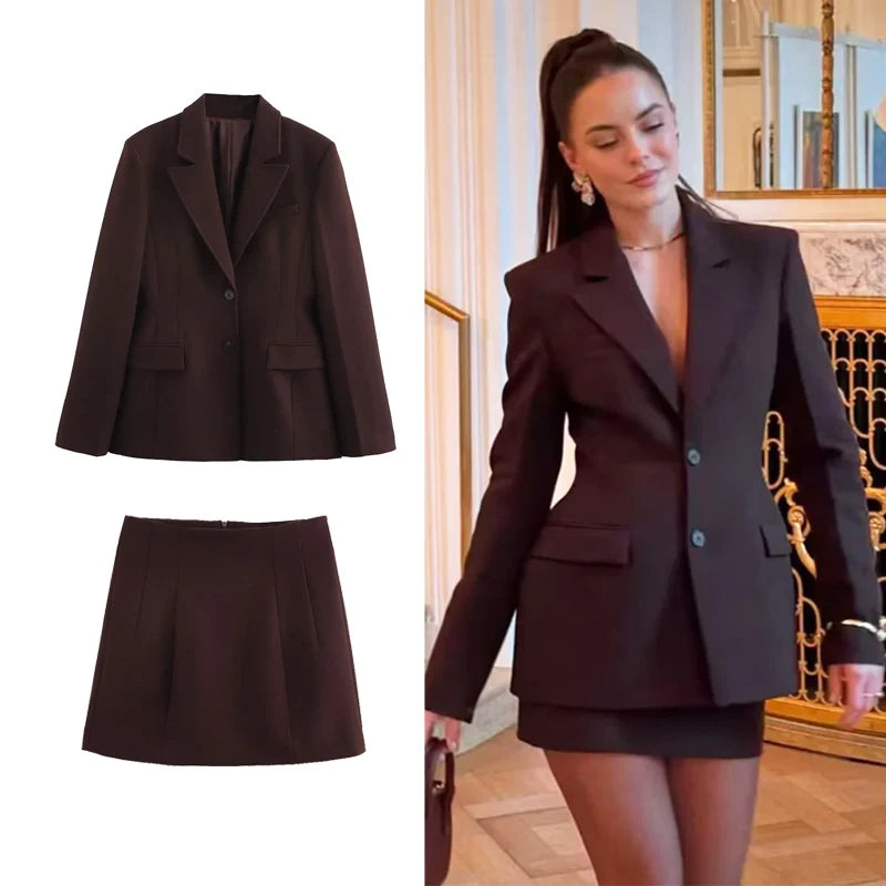 HXAO Elegant Skirts Set For Women's 2 Pieces Outfit 2025 Spring Long Blazer Coat Mid Waist Mini Skirts Fashion Office Skirts Set